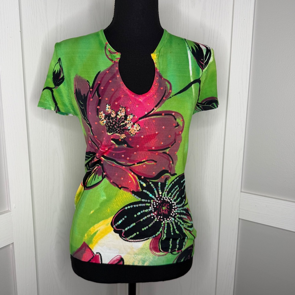 Cartise Floral Sequin Knit Top Womens Small Green Short Sleeve‎ Keyhole 61815
